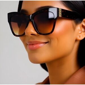 Cat Eye Sunglasses Tortoise Brown Ombre Lens Gold‎ Chain Accent Designer Gafas
